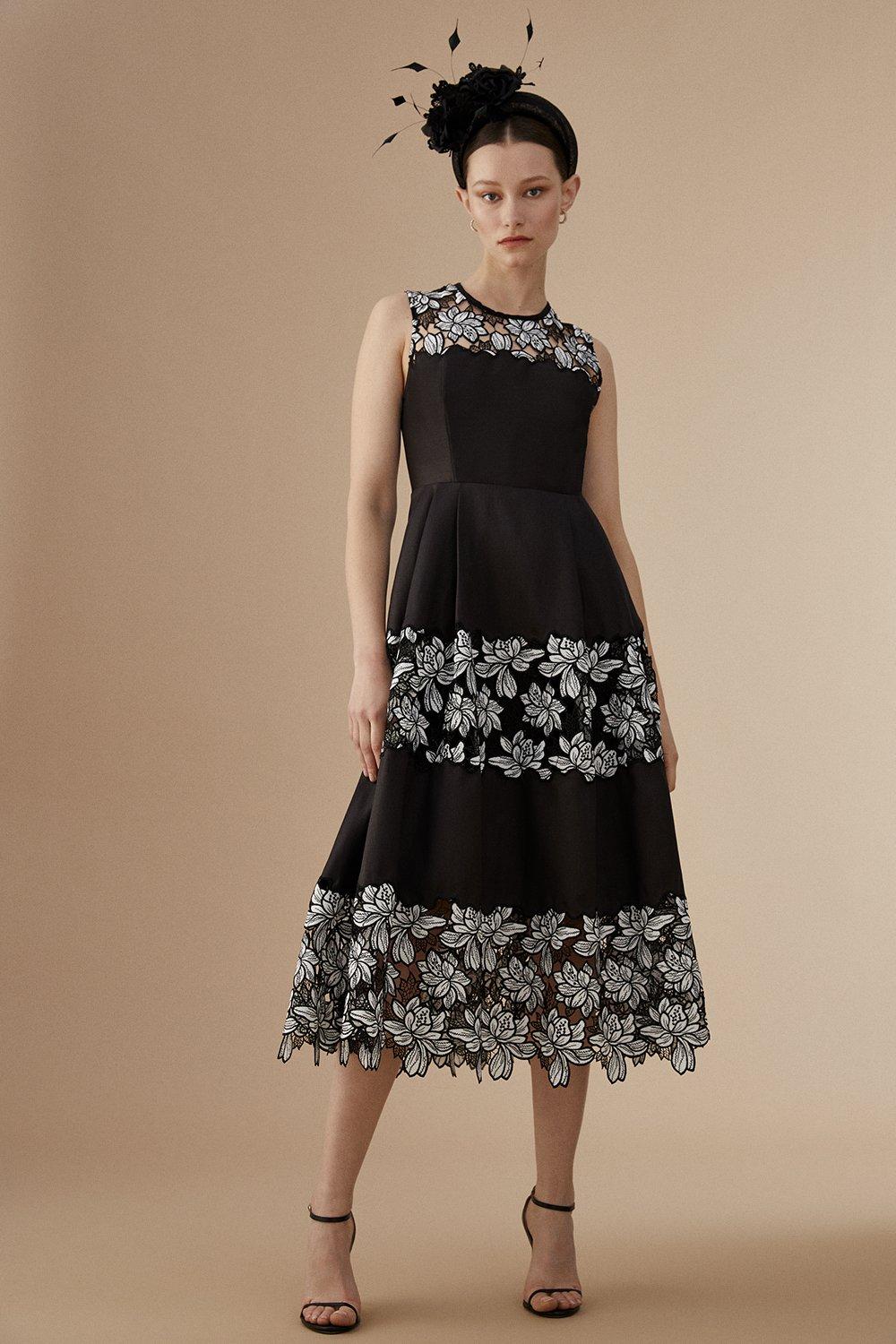 Lisa Tan Corded Lace Panelled Full Skirt Midi Dress