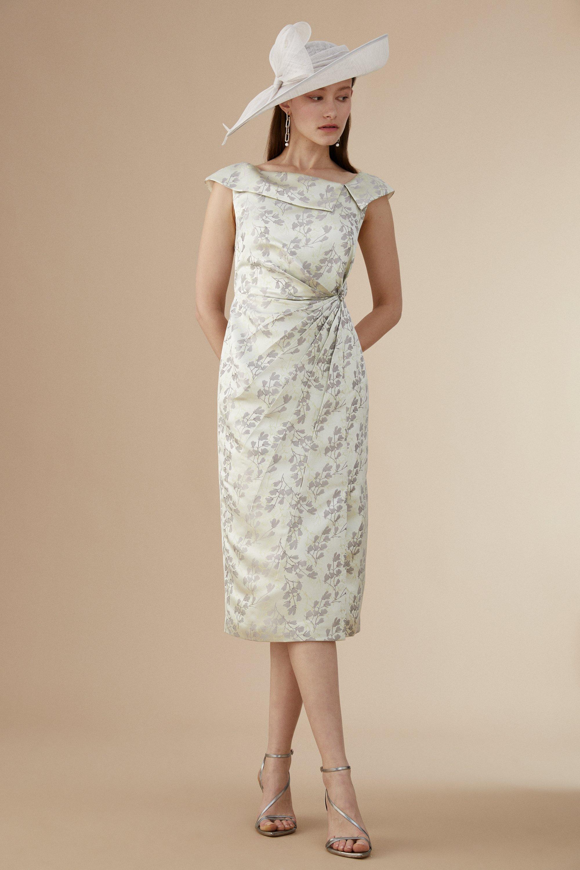 Lisa Tan Premium Pleat Detail Bardot Jacquard Pencil Dress