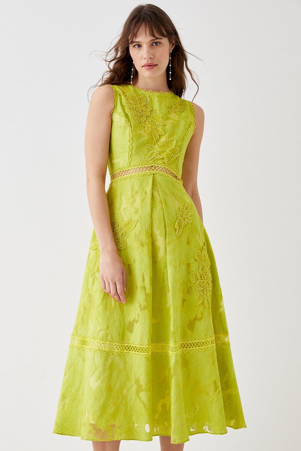 Premium Jacquard Midi Dress With Floral Applique