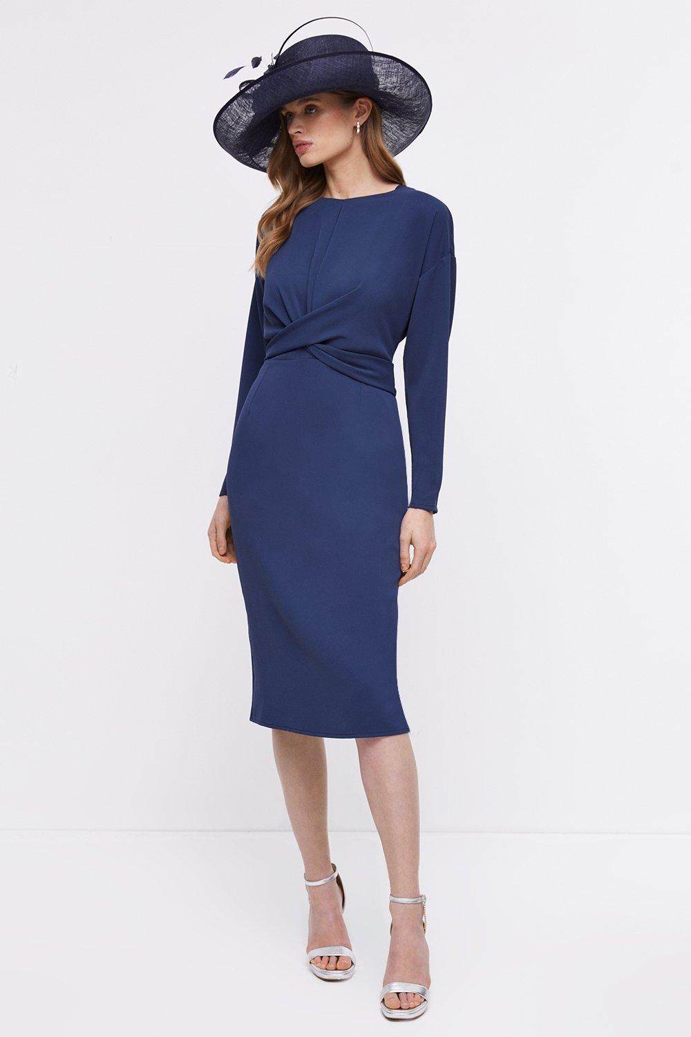 Midi Pencil Dress With Twist Front & Long Sleeve