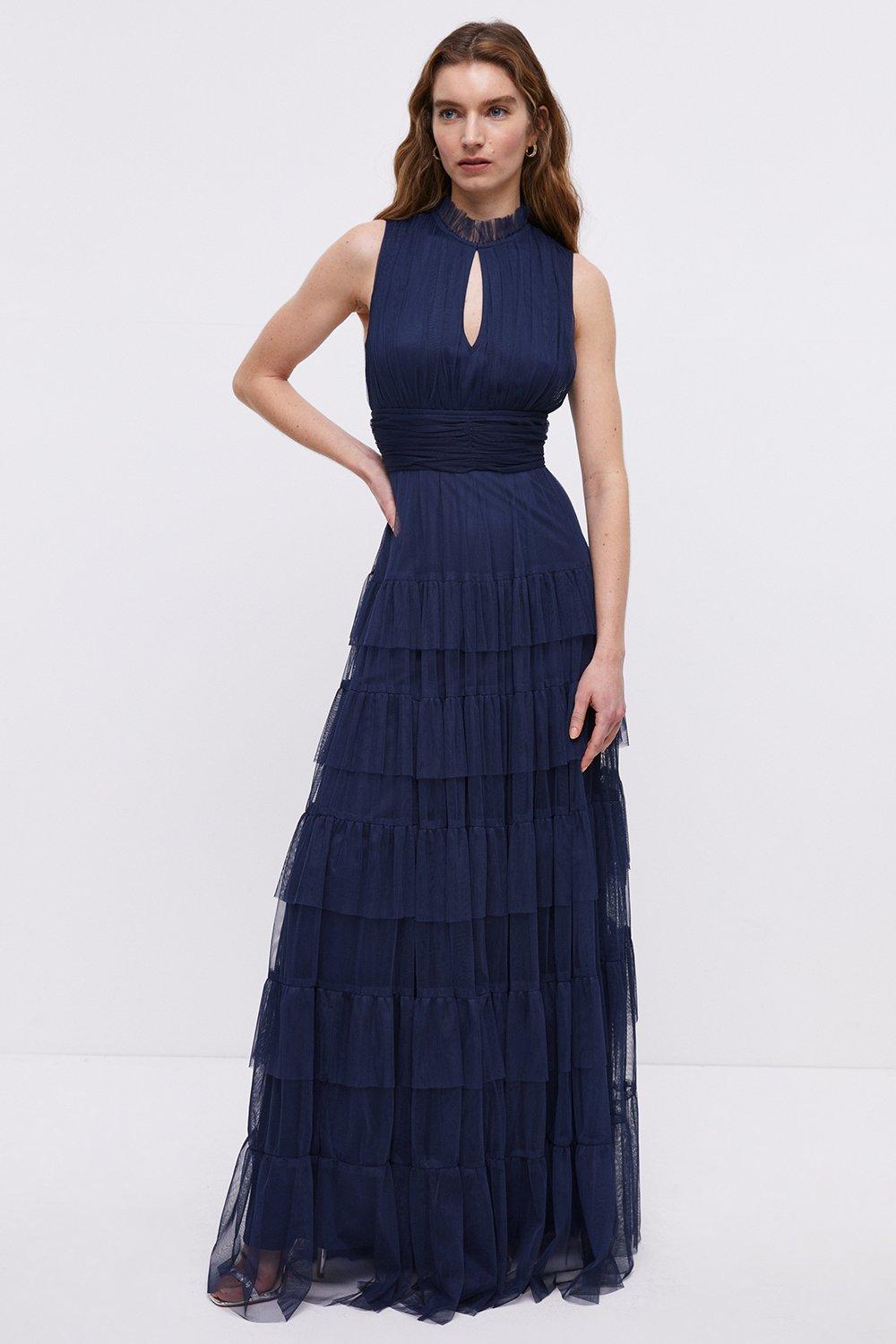 Tulle Tiered Frill Sleeve Bridesmaids Maxi Dress
