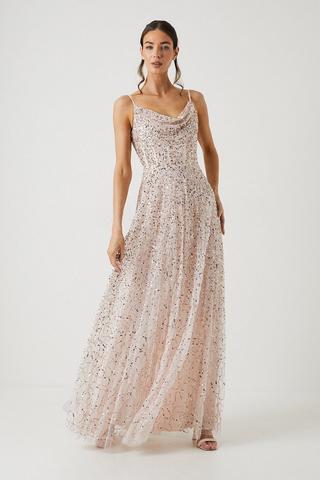 Product Cowl Neck Corset Full Skirted Bridesmaids Maxi Dress blush