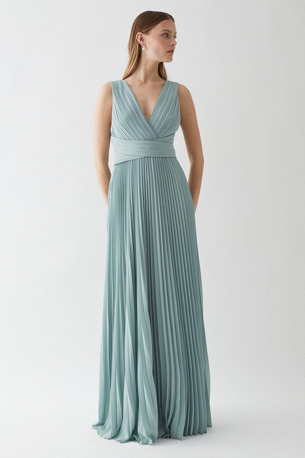 Allover Pleat Waistband Detail Bridesmaid Maxi Dress