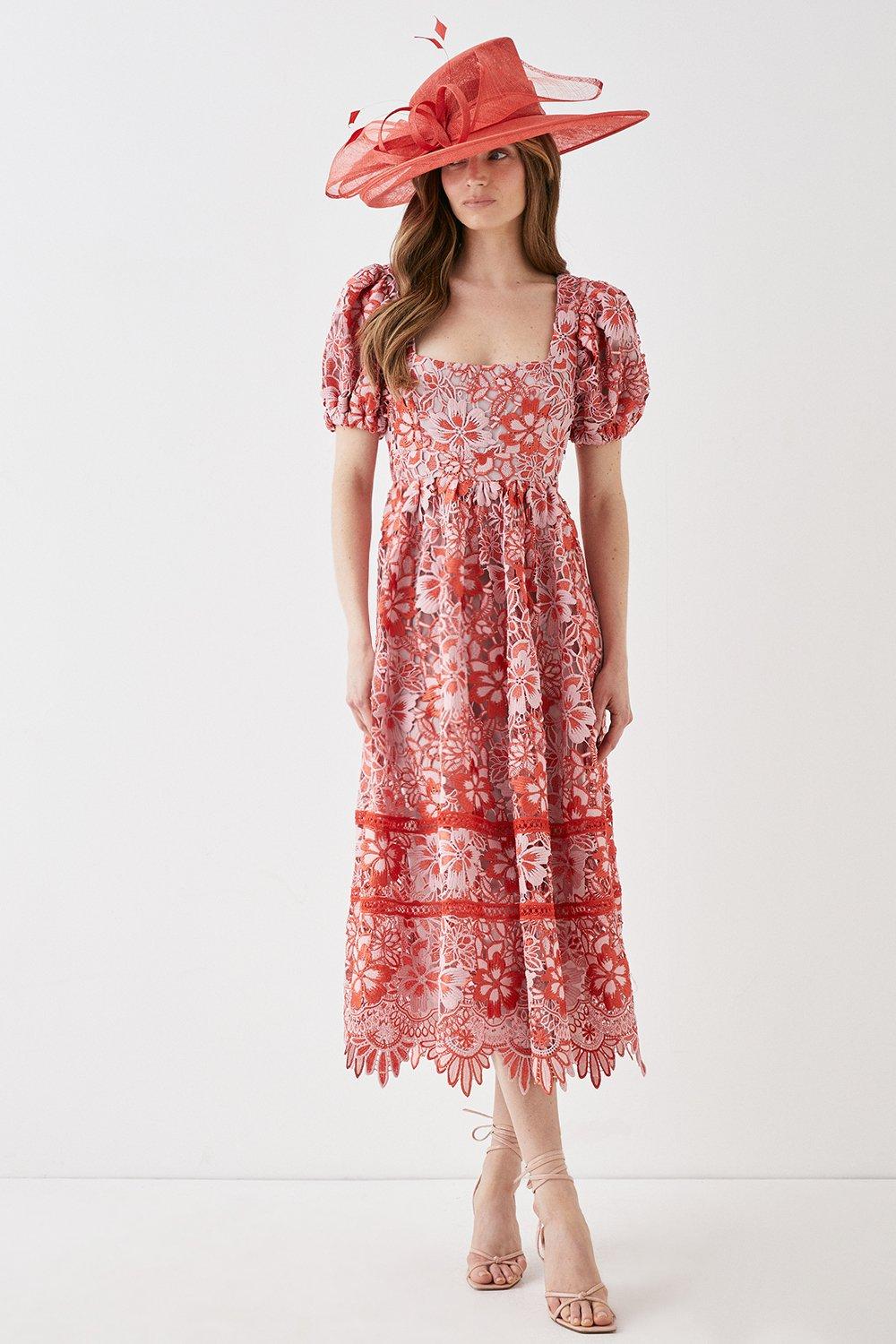 Square Neck Lace Dress With Puff Sleeve