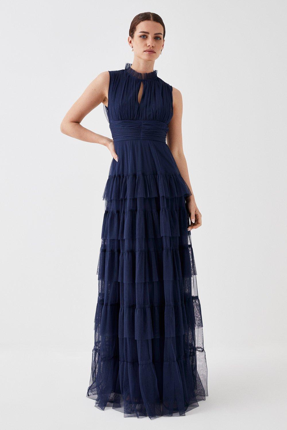 Petite Tulle Tiered Frill Sleeve Bridesmaids Maxi Dress