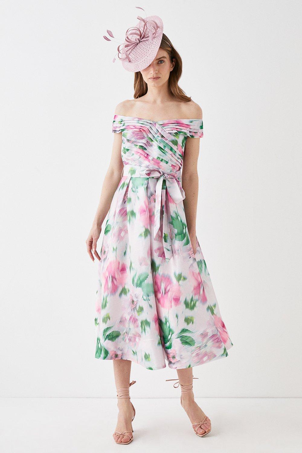 Glossy Organza Bardot Midi Dress