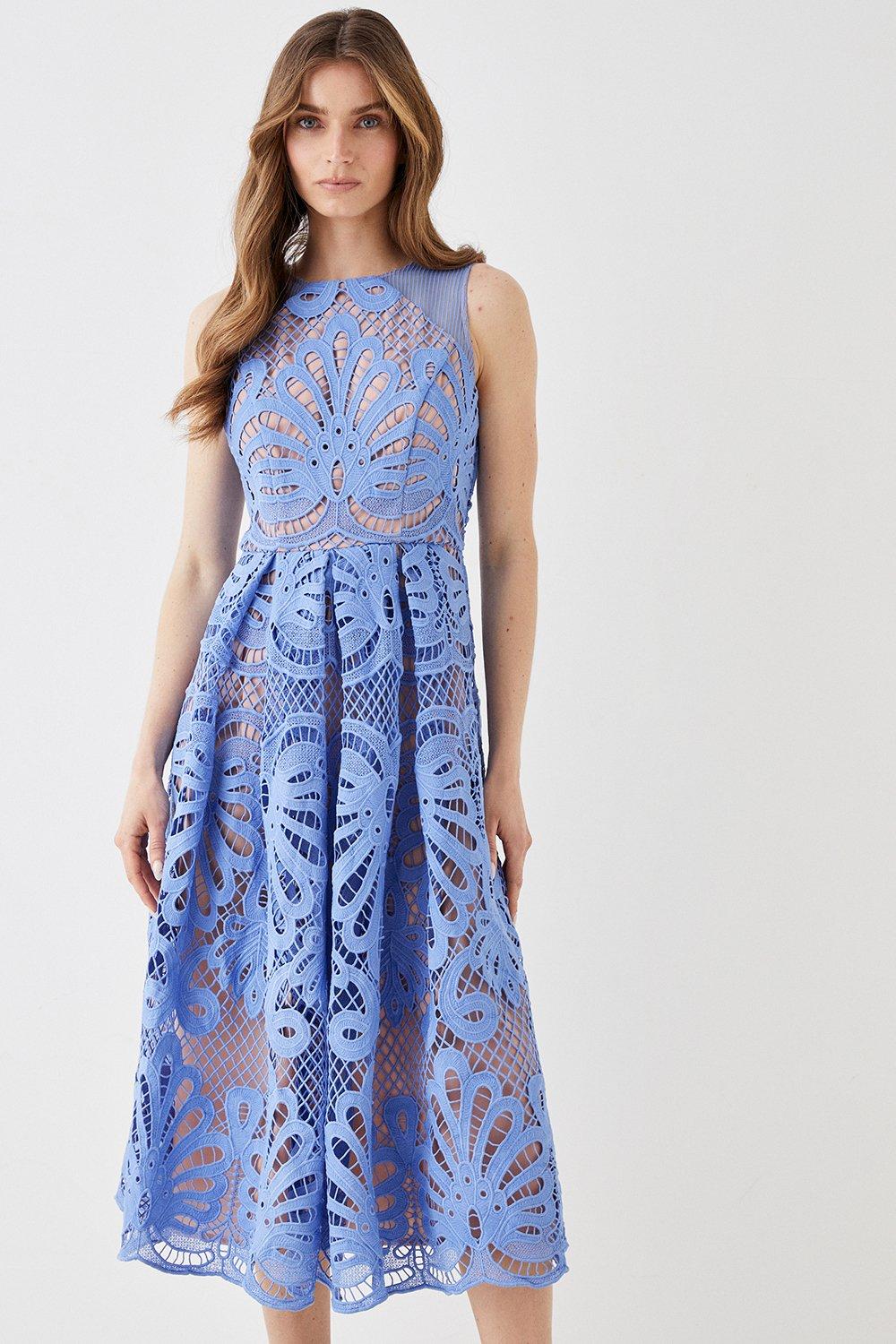 Premium Sleeveless Lace Midi Dress With Contrast Lining