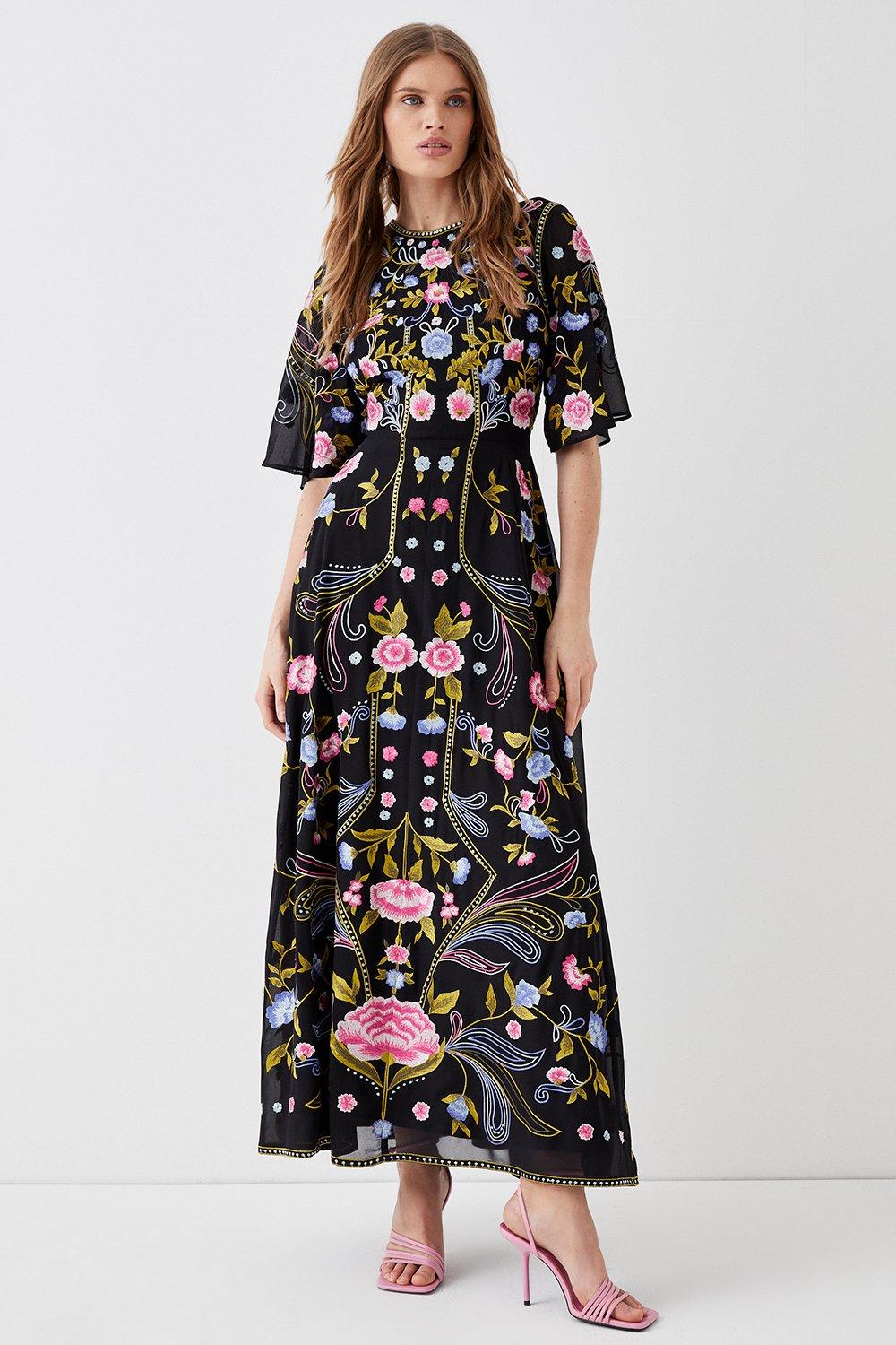 Angel Sleeve Embroidered Maxi Dress