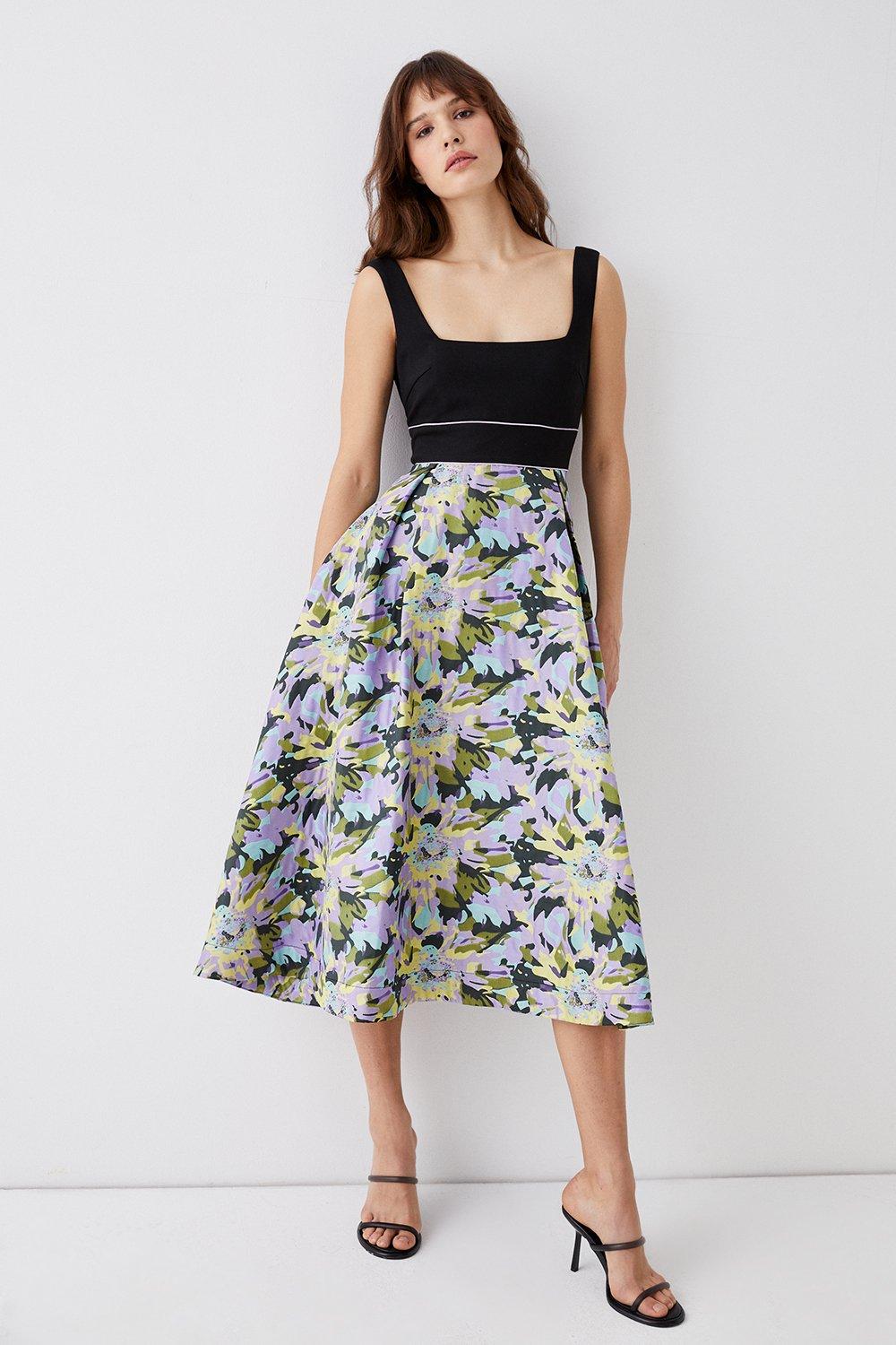 2 In 1 Square Neck Ponte Top Jacquard Skirt Midi Dress