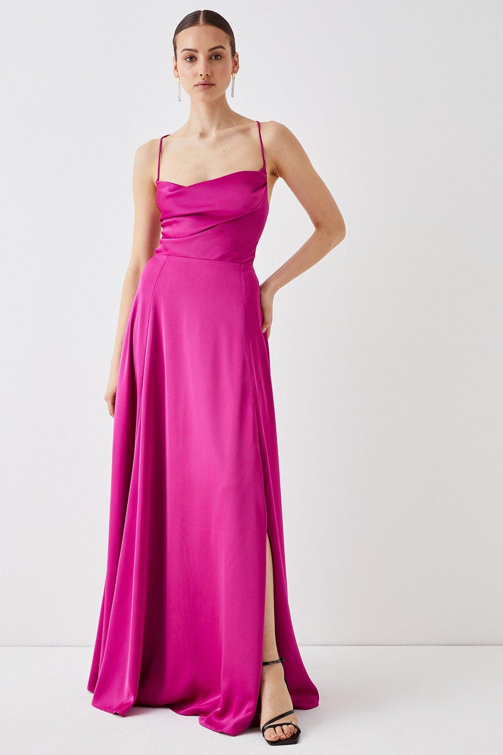 Cowl Neck Satin Maxi Prom Dress With Strappy Back