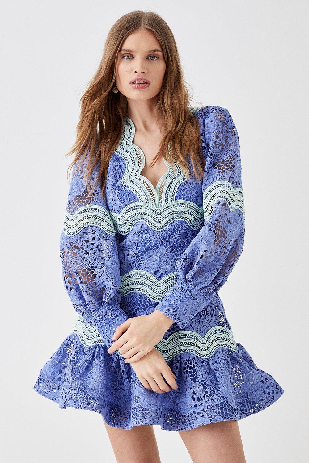 Lace Blouson Sleeve Trim Detail Mini Dress
