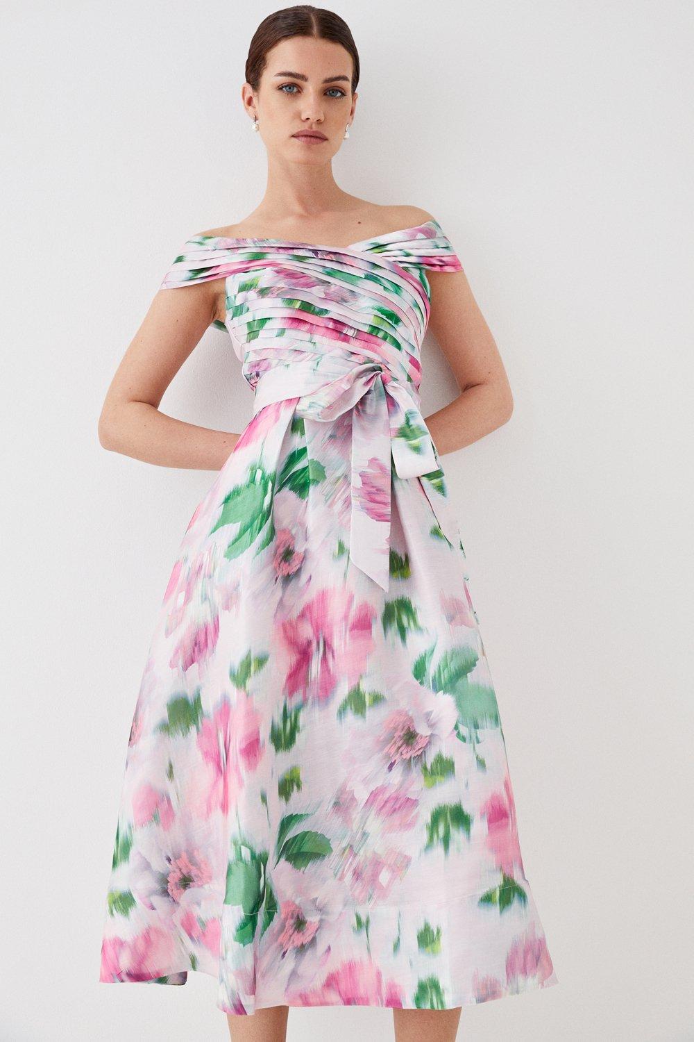 Petite Glossy Organza Bardot Midi Dress