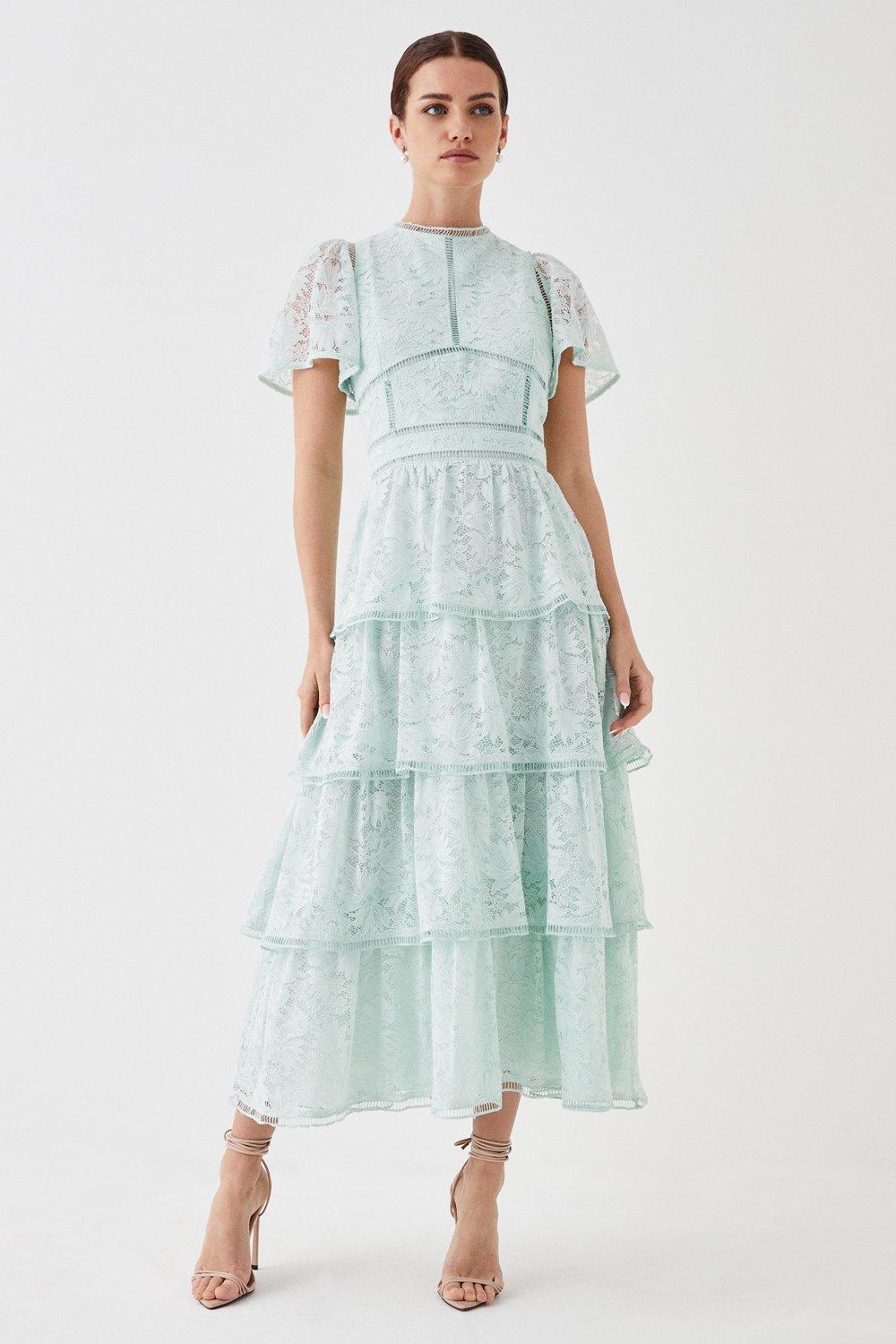 Petite Tiered Lace Dress With Flutter Sleeve & Trims