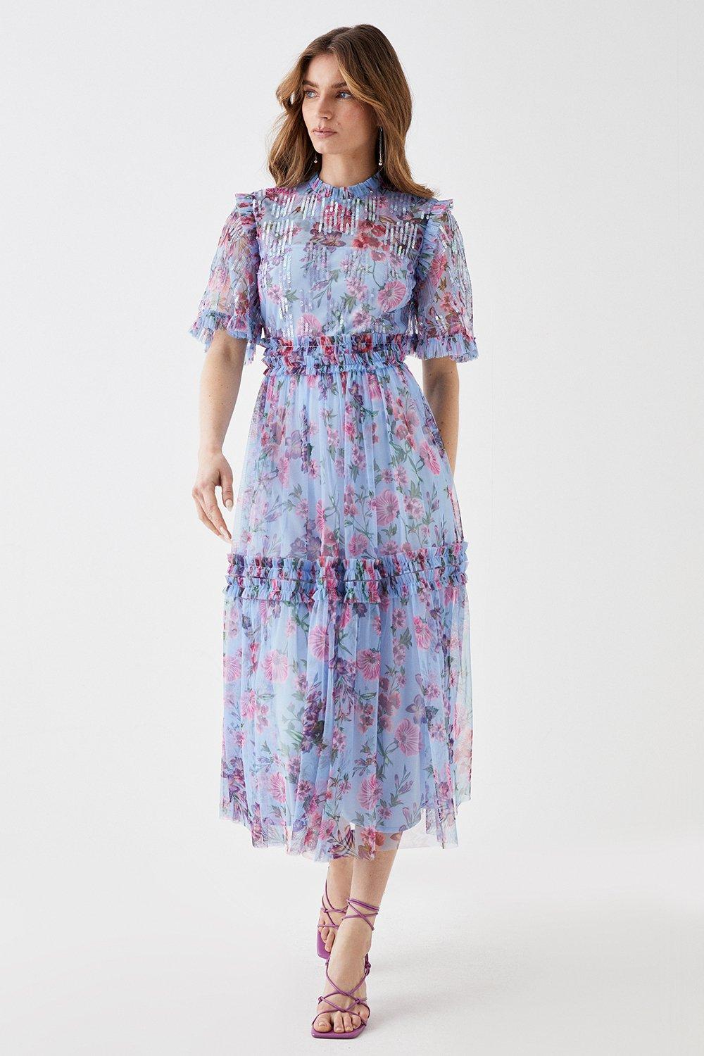 Sequin Angel Sleeve Printed Mesh Midi Dress