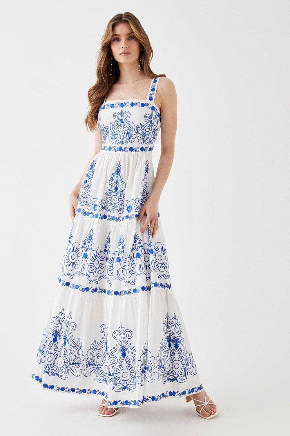 Tiered Contrast Embroidered Square Neck Maxi Dress