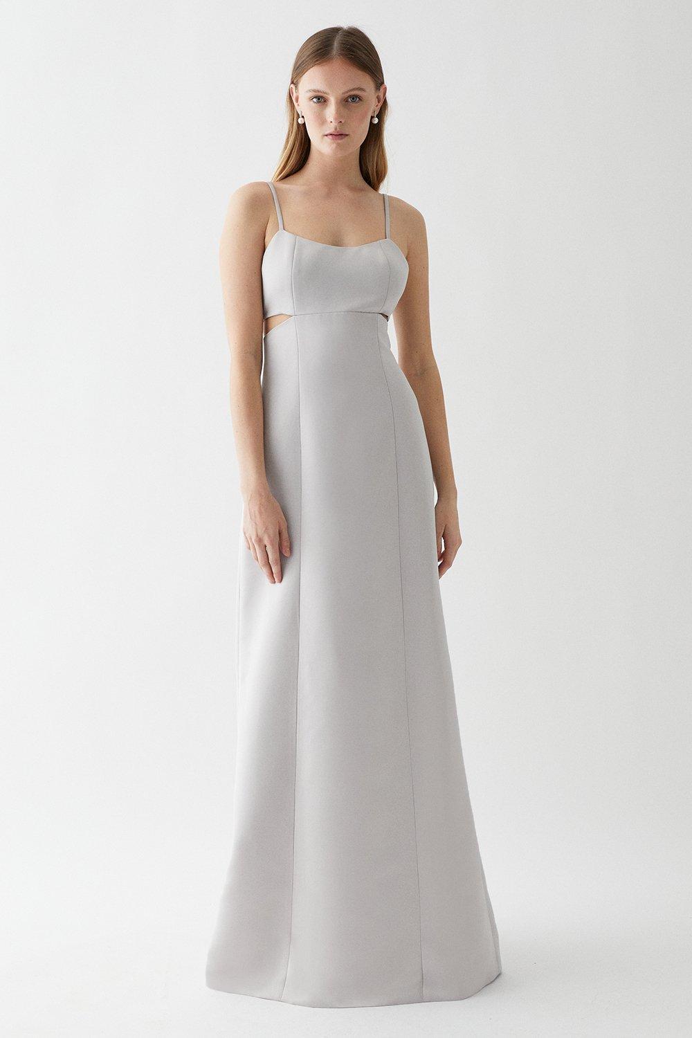 Peekaboo Side Structured Satin Bridesmaids Column Dress