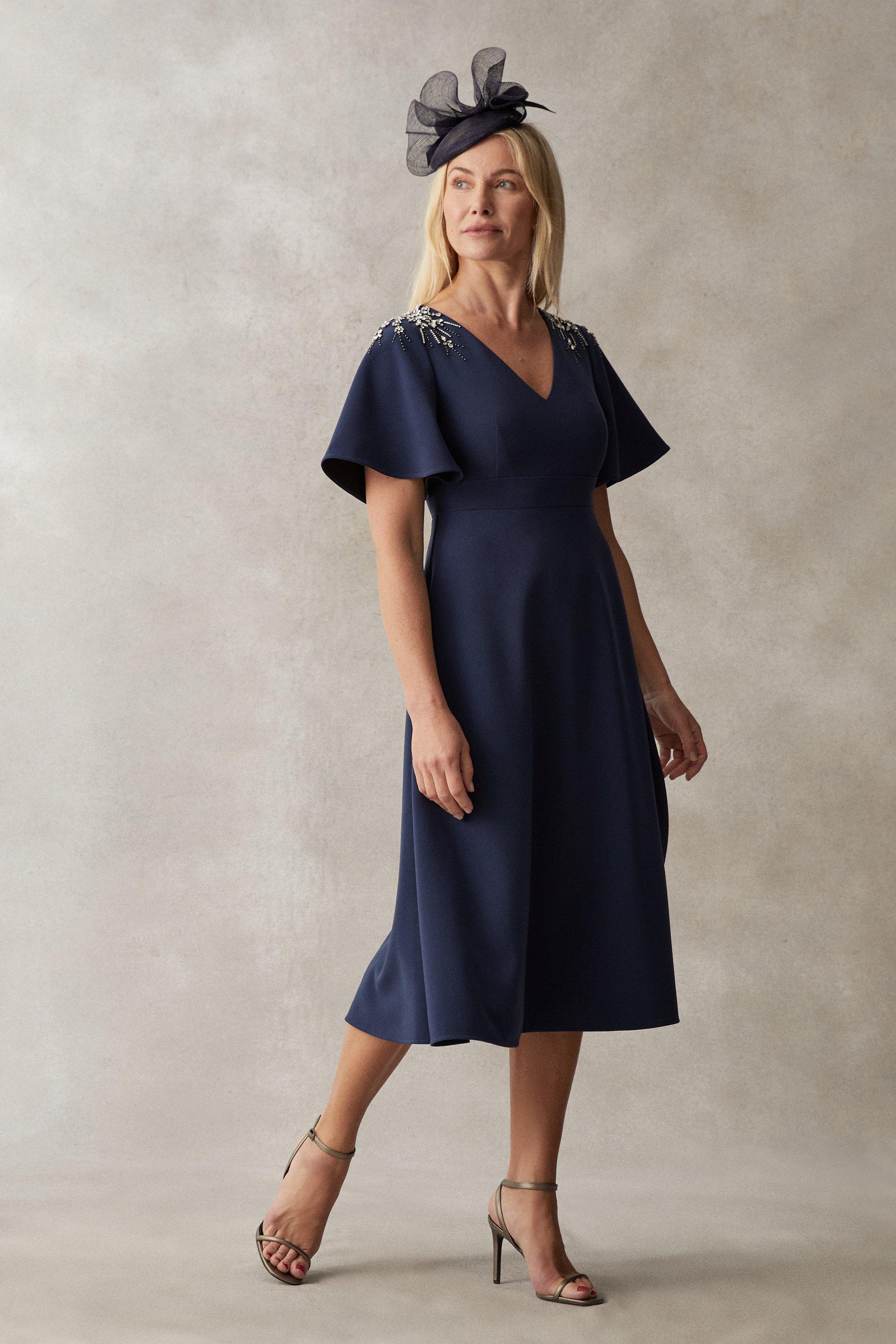Premium Flutter Sleeve Embellished Midi Dress