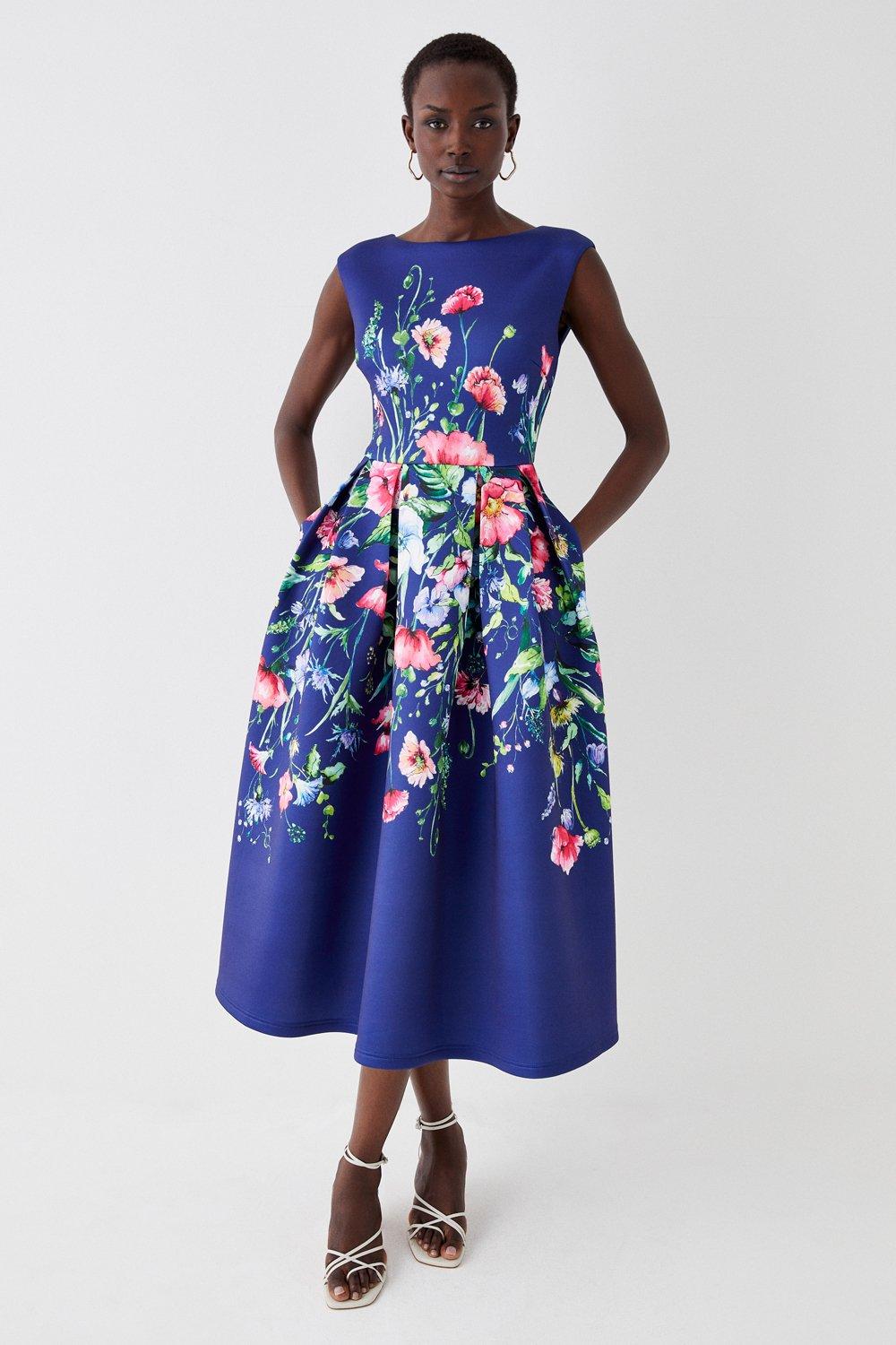 Floral Placement Full Skirted Scuba Dress