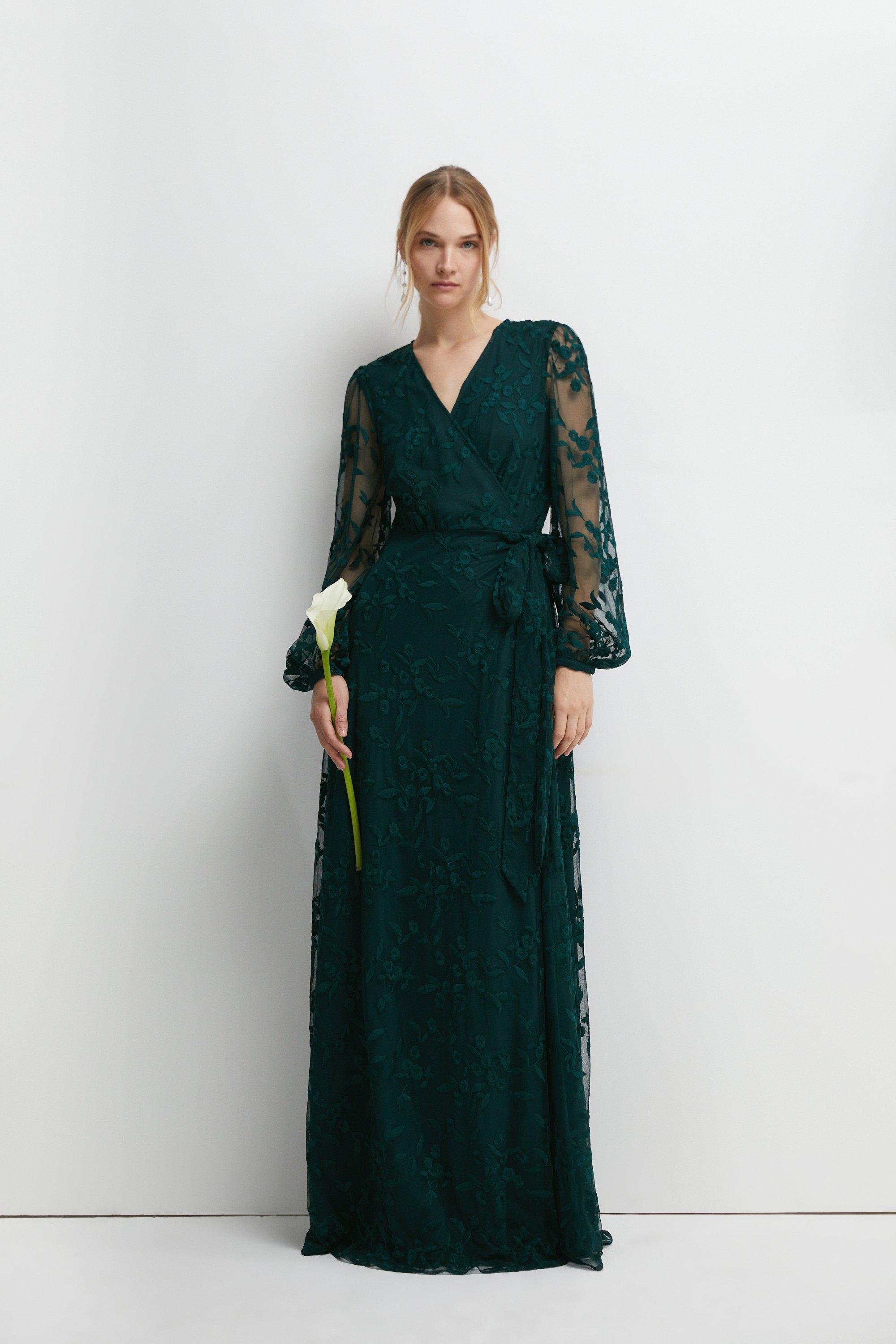 Floral Embroidered Wrap Bridesmaid Dress