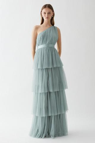 Product One Shoulder Tiered Mesh Bridesmaids Dress sage