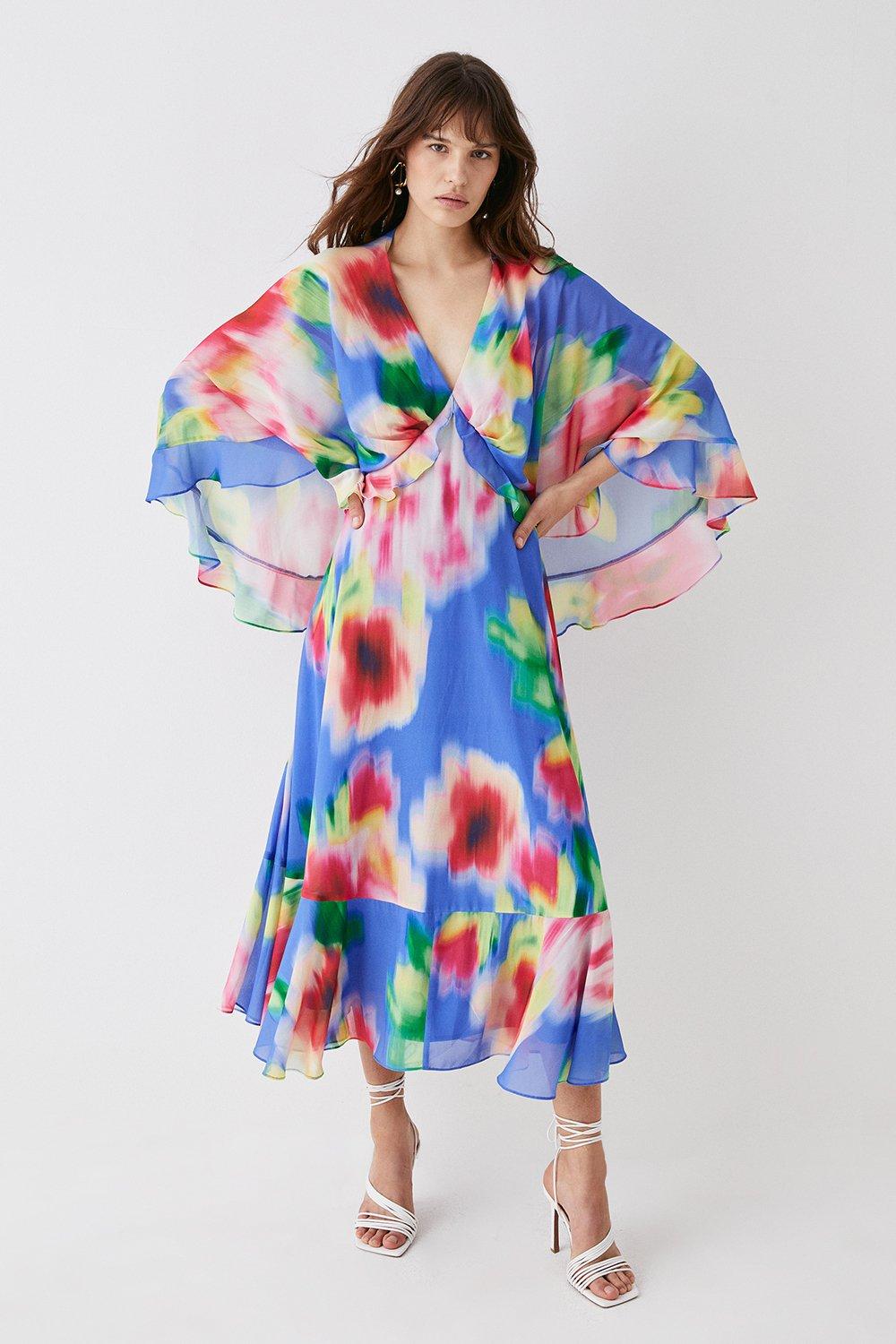Printed Cape Sleeve Frill Midi Dress