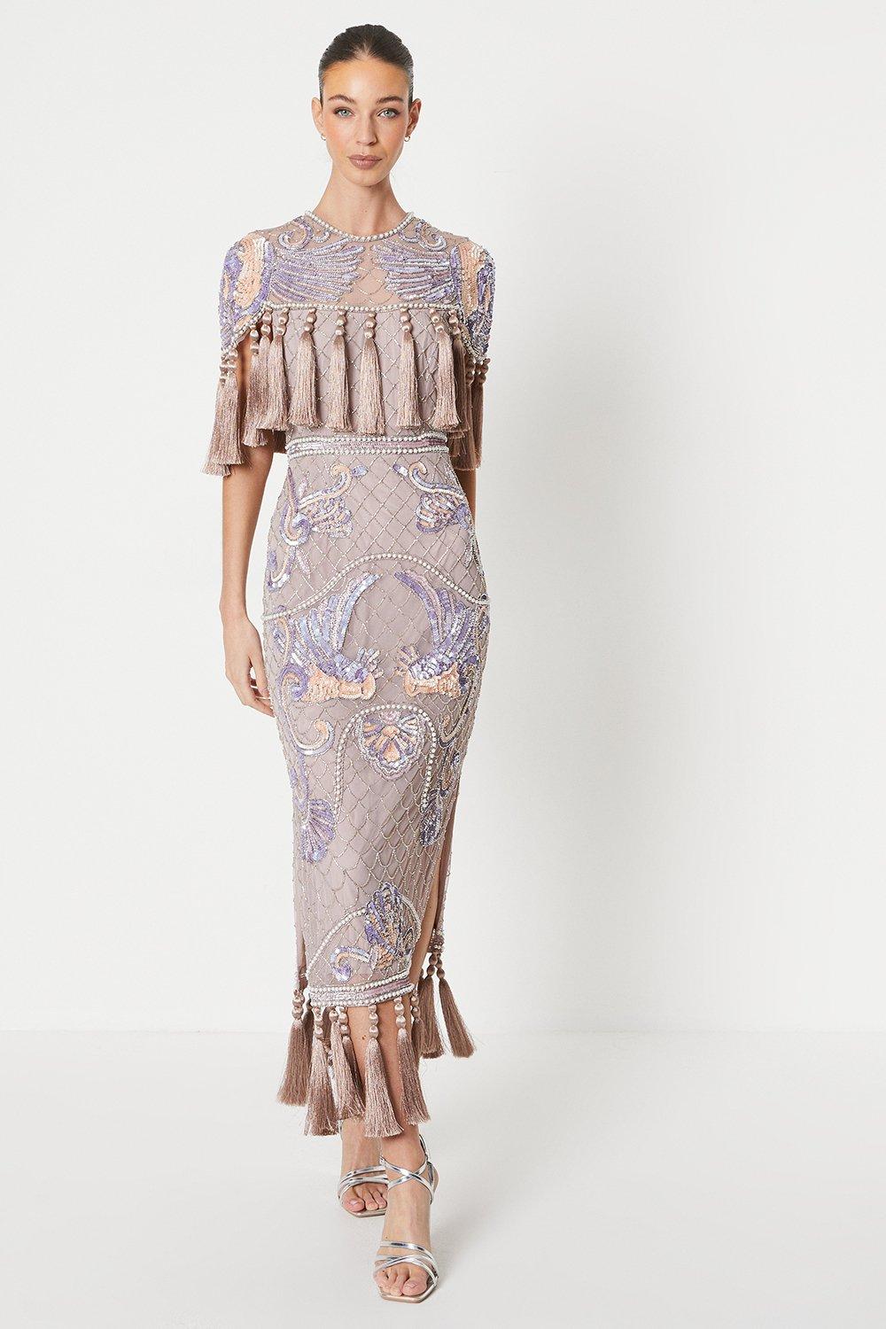 The Collector Hand Embellished Midi Dress With Tassles
