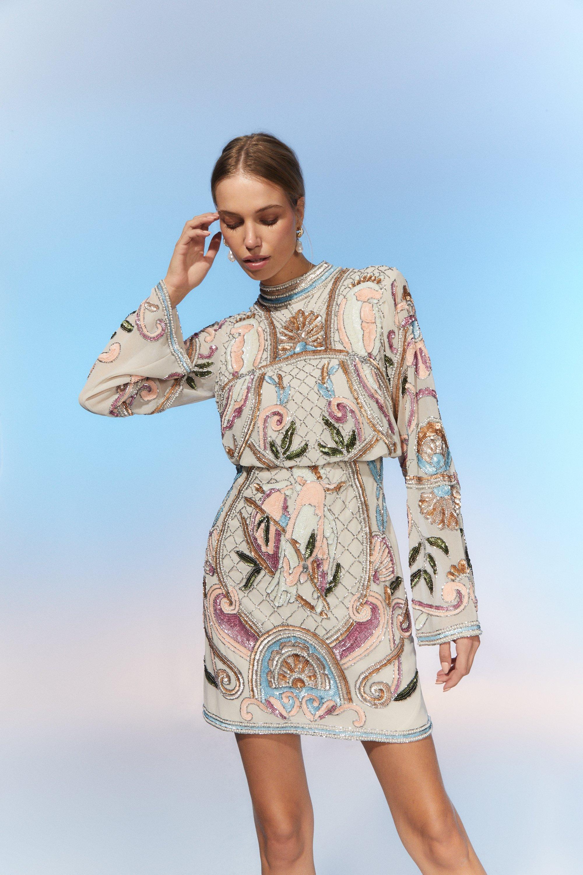 The Collector Hand Embellished Mini Dress With Long Sleeve