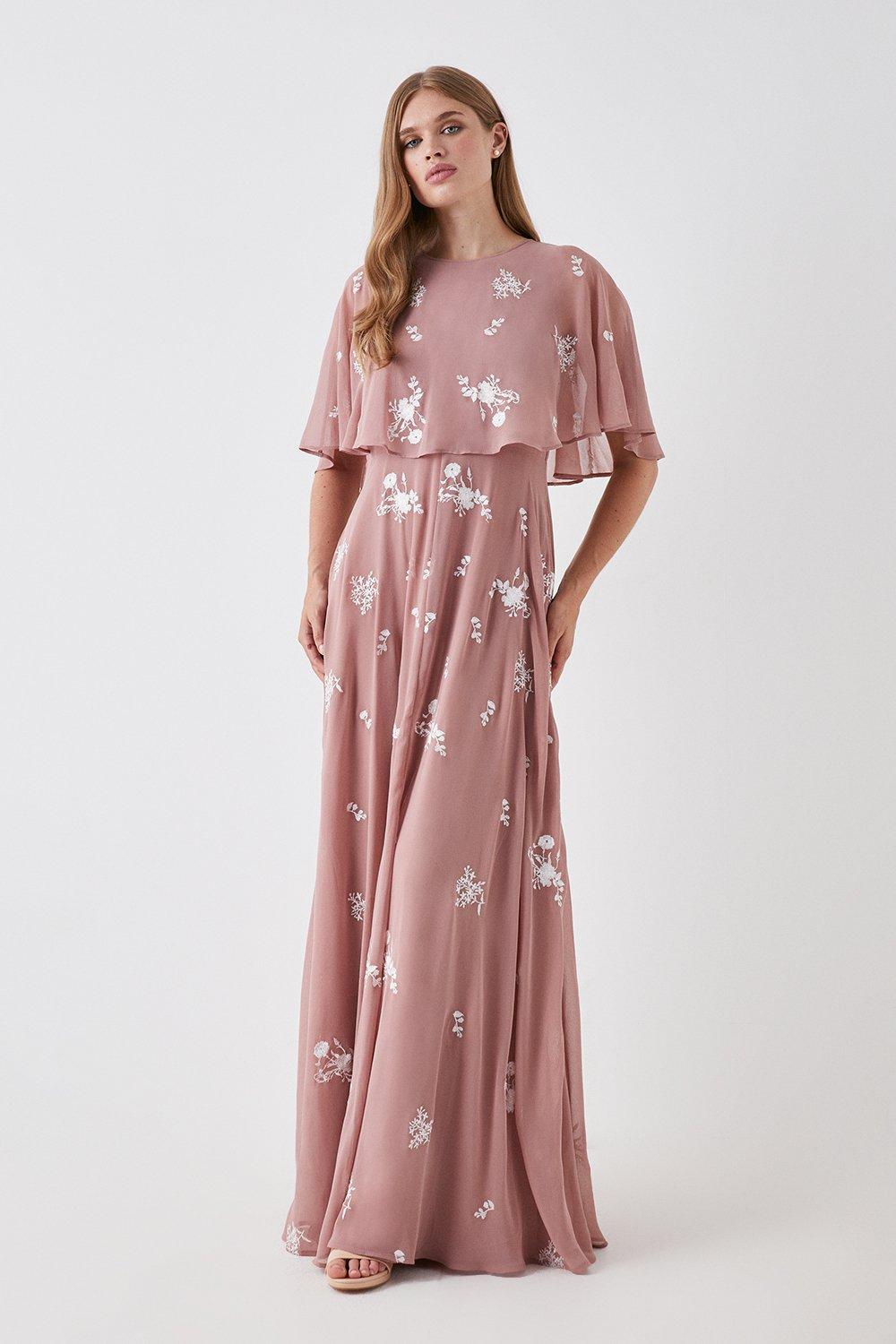 All Over Embroidered Cape Bridesmaids Maxi Dress