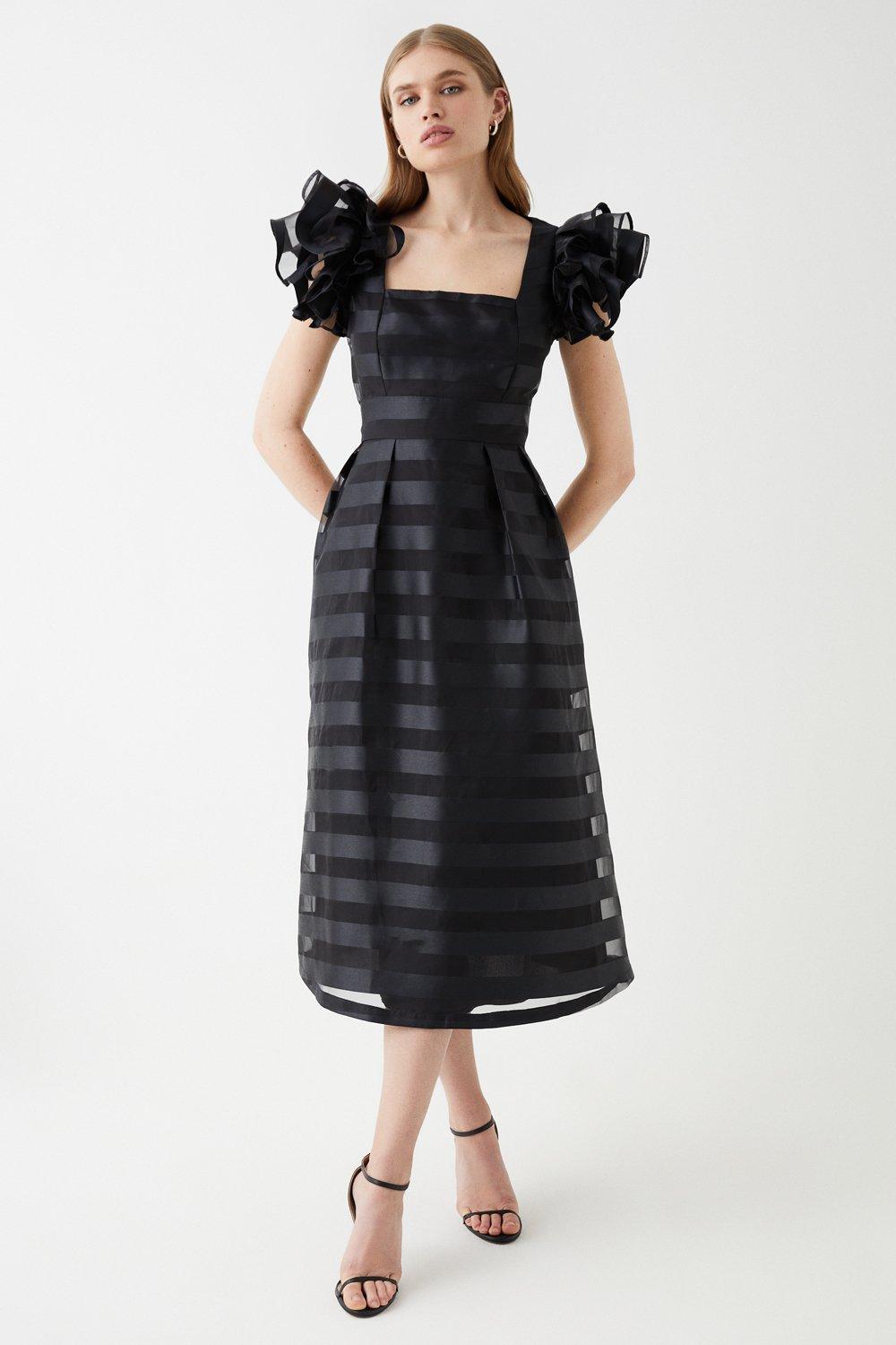 Frill Shoulder Stripe Organza Midi Dress