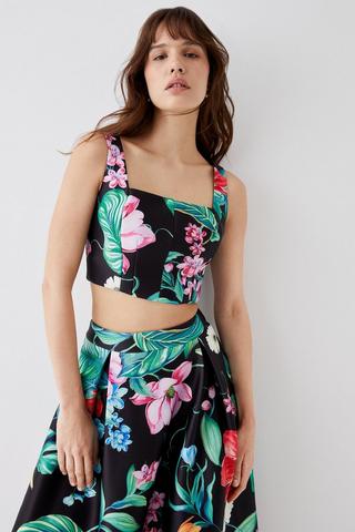 Teal Printed Crop Top With Skirt  Crop top skirt, Tropical print skirt,  Print crop tops