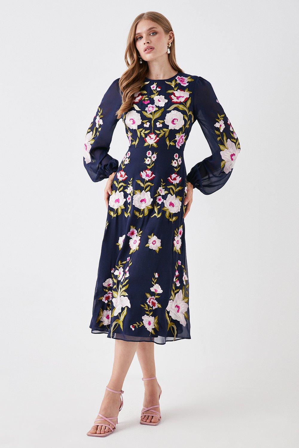 Premium Embroidered Long Sleeve Midi Dress