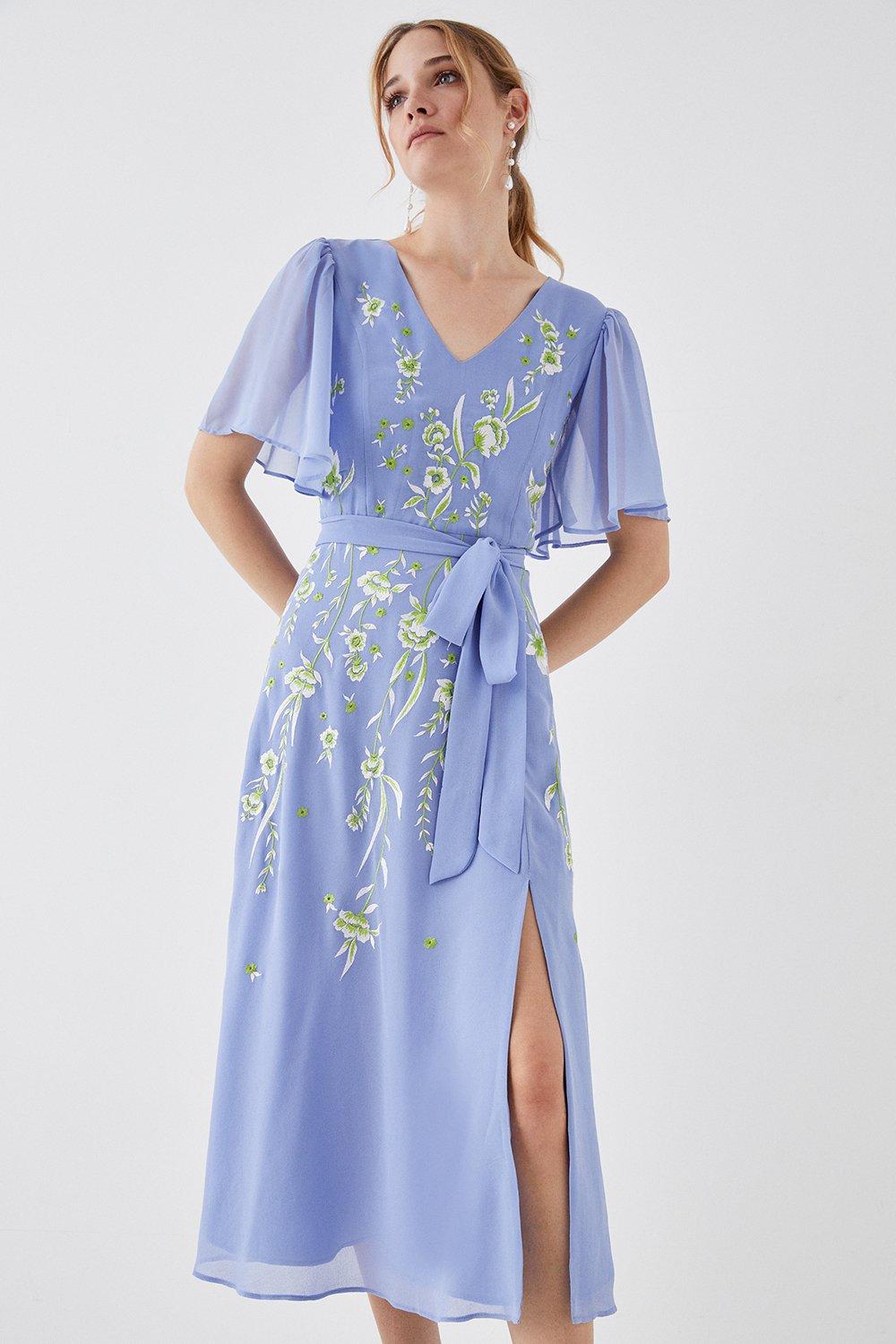 Floral Embroidered Flute Sleeve Midi Dress