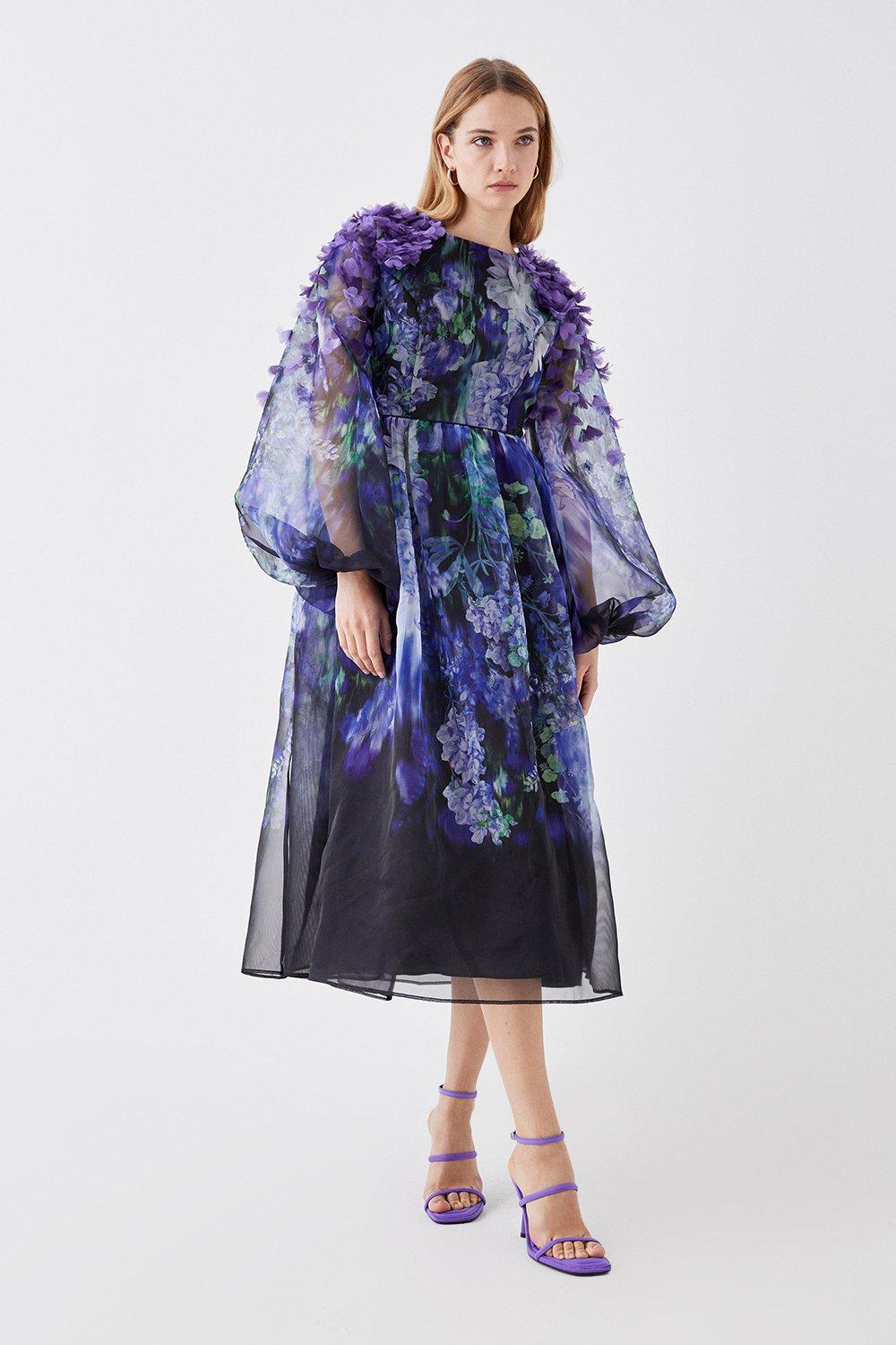 Hand Stitched 3d Floral Organza Midi Dress