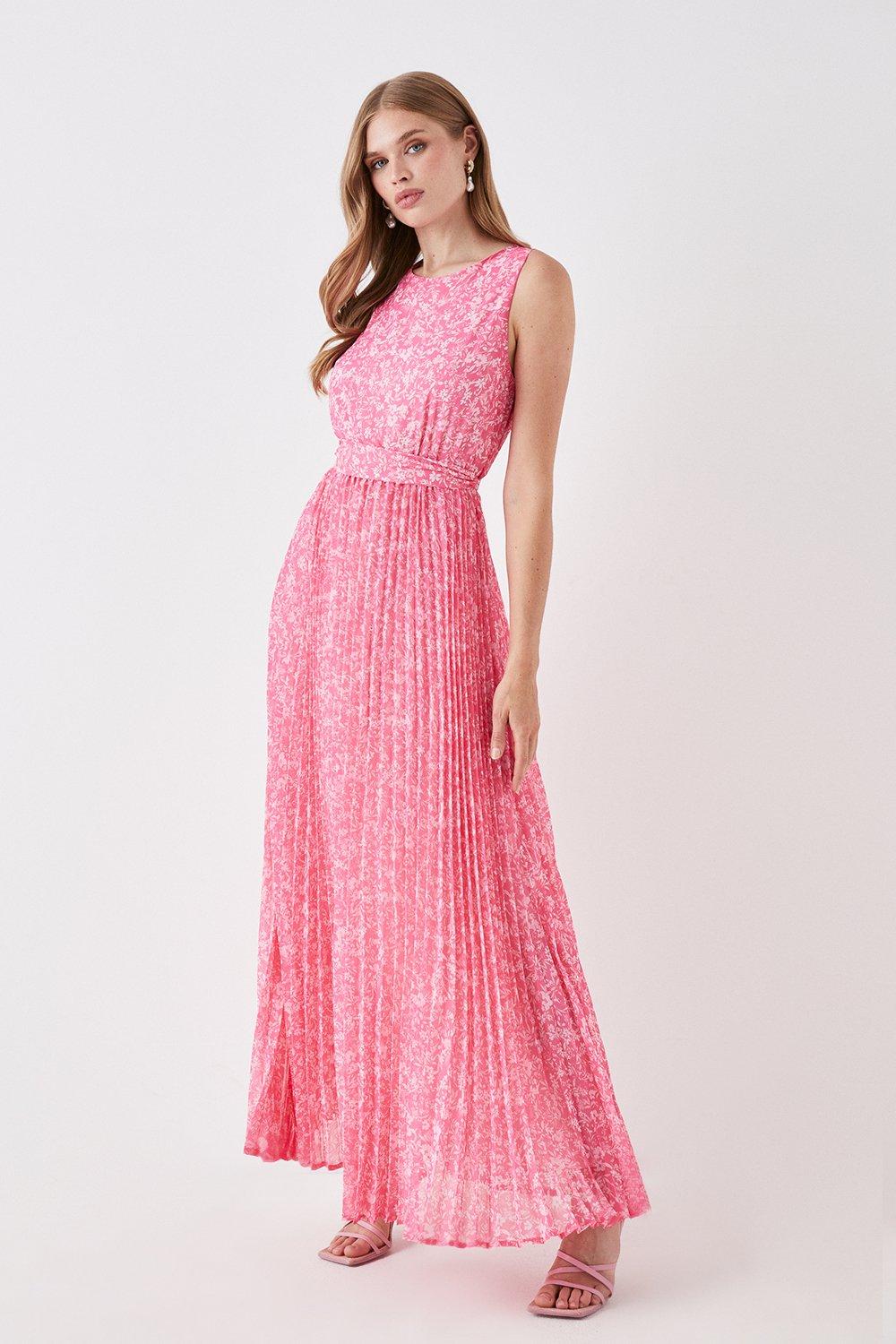 Pleated Skirt Belted Maxi Dress