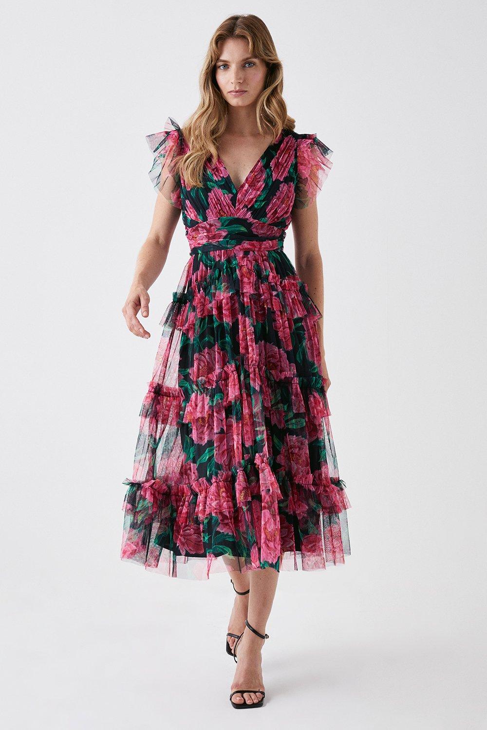 Printed Tulle Tiered Skirt Midi Dress