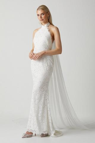 Product High Neck Embellished Lace Wedding Dress ivory