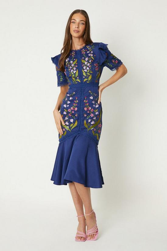 Coast Embroidered Flute Hem Midi Dress With Lace Trim 1