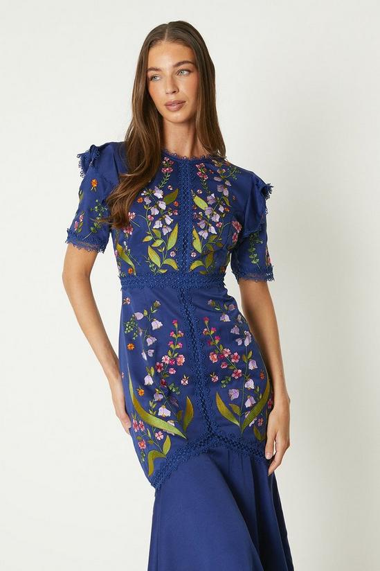 Coast Embroidered Flute Hem Midi Dress With Lace Trim 2