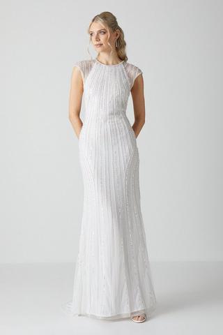 Product Embellished Cap Sleeve Linear Embellished Wedding Dress ivory