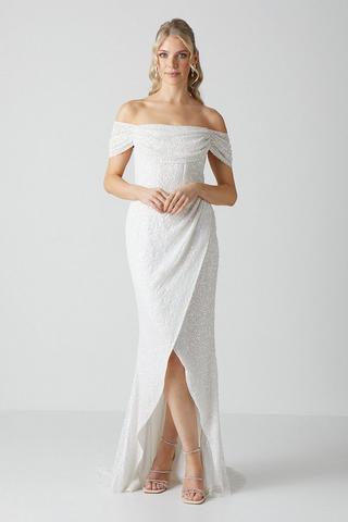 Product Draped Bardot Cap Sleeve Wrap Skirt Wedding Dress ivory