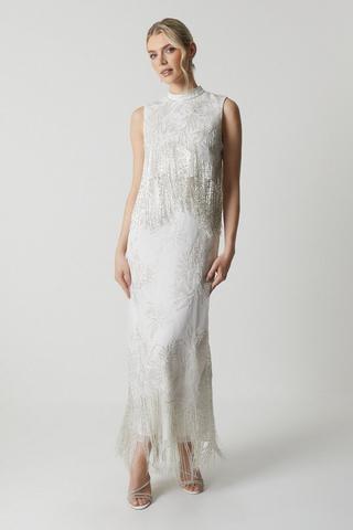 Product Premium Organza Overlay Beaded Fringe Column Wedding Dress ivory