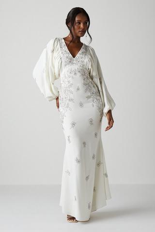 Product Premium V Neck Blouson Sleeve Embellished Wedding Dress ivory