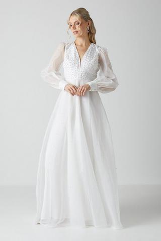 A Line Lace Wedding Dresses Applique Beading Long Sleeve Lace Up Bride Dress  Cathedral Train Bridal Gown Plus Size (Color : White, US Size : 10) :  : Clothing, Shoes & Accessories