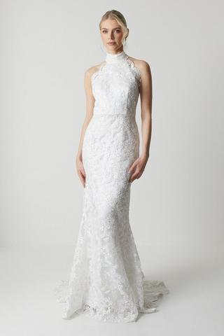 Product High Neck Embroidered Mesh Wedding Dress With Train ivory