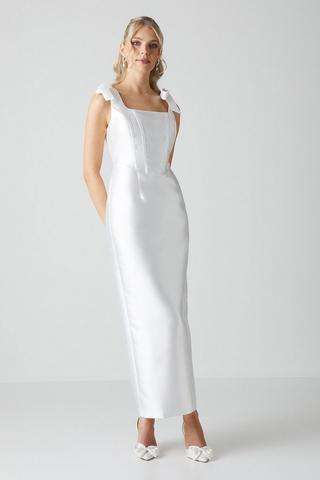 Product Tie Shoulder Corseted Satin Column Dress ivory
