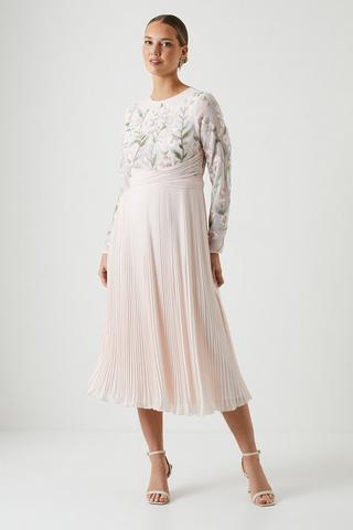 Floral Embroidered Fit And Flare Scuba Knit Dress