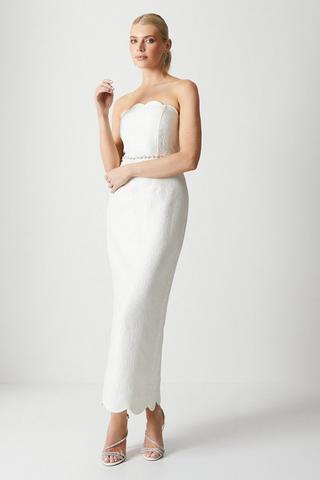 Product Scallop Detail Jacquard Column Wedding Dress ivory