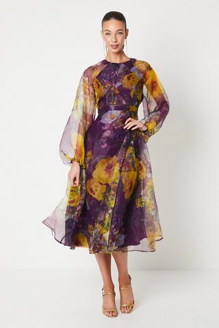 Leoom - Long-Sleeve T-Shirt / Spaghetti Strap Floral Print Midi A-Line Dress