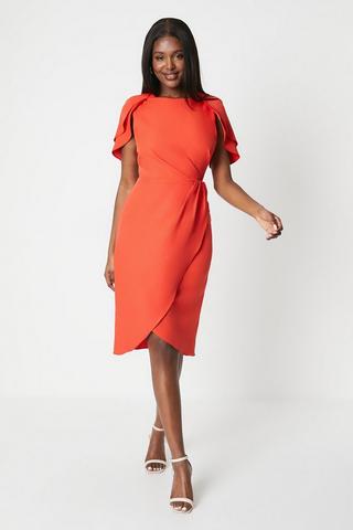 Product Ruffle Cape Sleeve Wrap Skirt Midi Dress orange