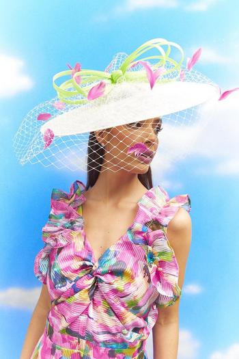 Related Product Lisa Tan Bow And Mesh Feather Detail Wide Brim Hat
